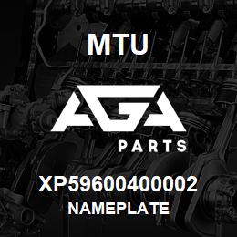 XP59600400002 MTU NAMEPLATE | AGA Parts