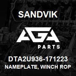 DTA2U936-171223 Sandvik NAMEPLATE, WINCH ROPES | AGA Parts