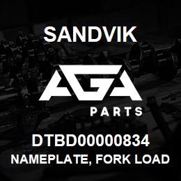 DTBD00000834 Sandvik NAMEPLATE, FORK LOADING | AGA Parts