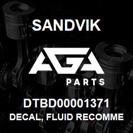 DTBD00001371 Sandvik DECAL, FLUID RECOMMENDATIONS LS191 | AGA Parts