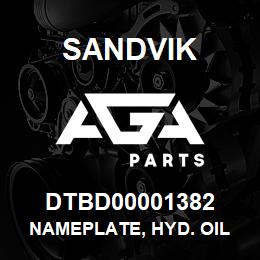 DTBD00001382 Sandvik NAMEPLATE, HYD. OIL FILL PUMP | AGA Parts